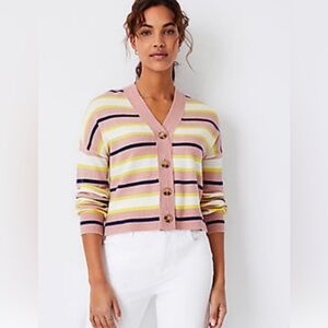 Ann Taylor Wool Blend Striped Cropped Boyfriend Button Front Cardigan